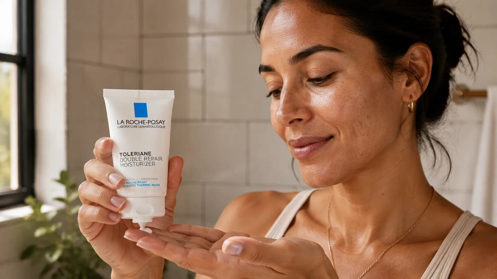 La Roche-Posay Toleriane Double Repair moisturizer tube being held and dispensed into a palm