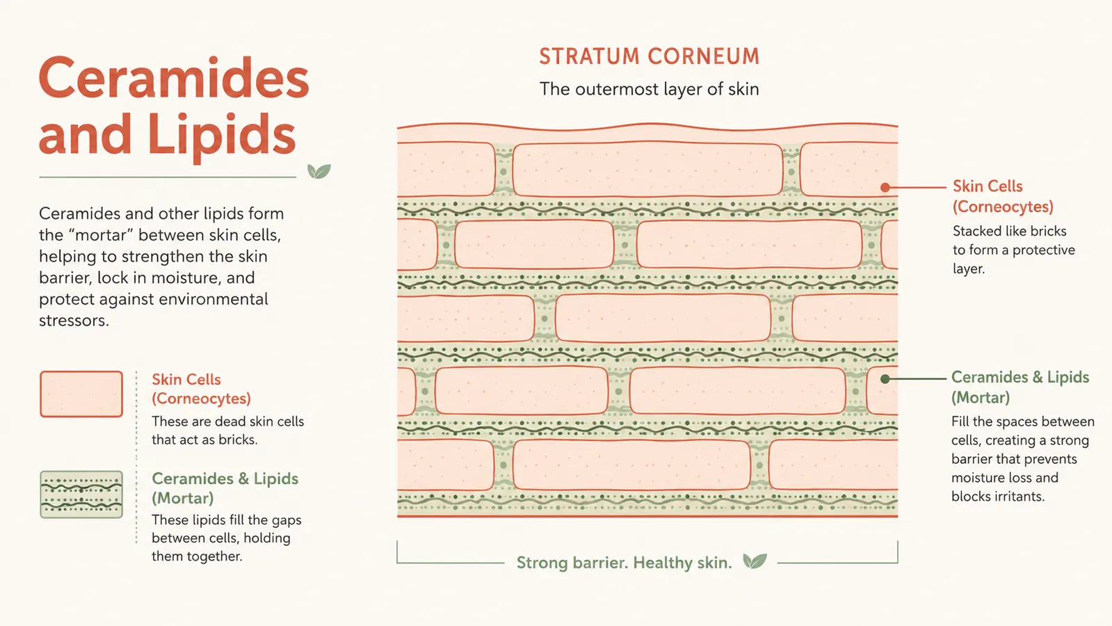 Cross-section diagram of healthy skin barrier showing ceramide molecules filling gaps between skin cells like grout between tiles