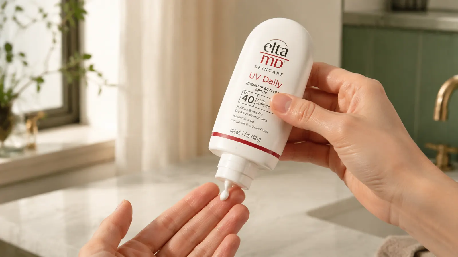 Hand dispensing a small amount of white sunscreen lotion from a tube onto fingertips