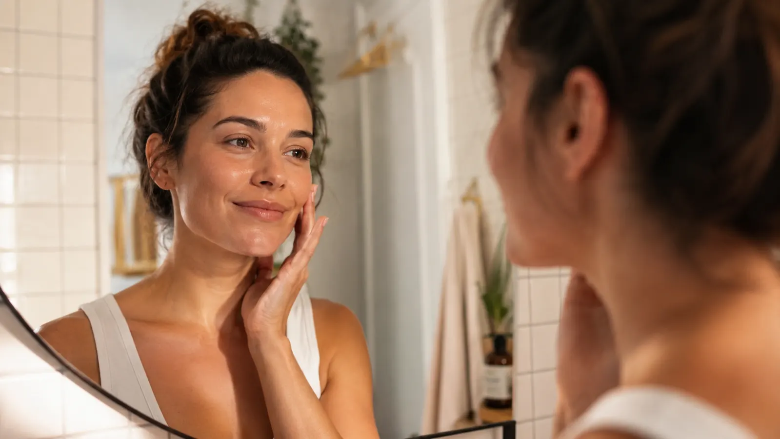 Woman smiling at herself in a bathroom mirror after finishing her morning skin care routine