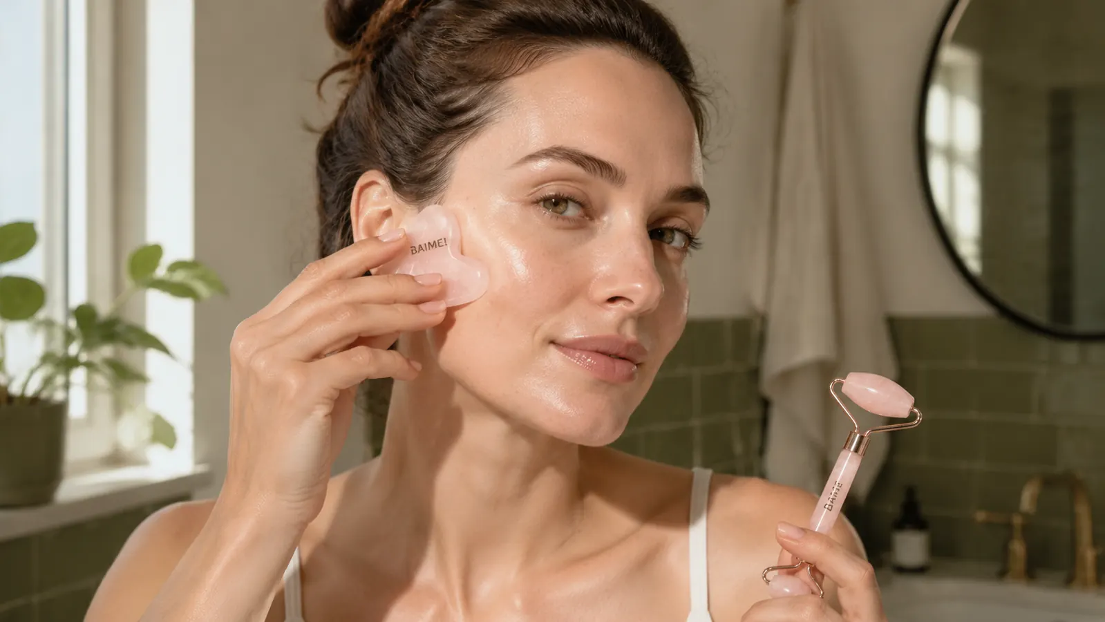 Woman holding a rose quartz gua sha stone flat against her cheekbone, angled upward toward the temple
