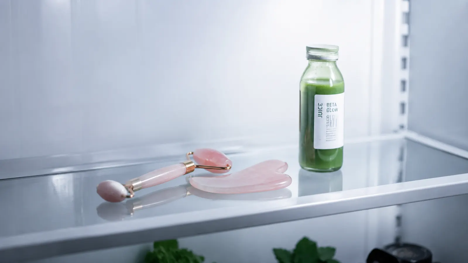 Rose quartz gua sha stone and face roller on a refrigerator shelf beside a small green juice bottle