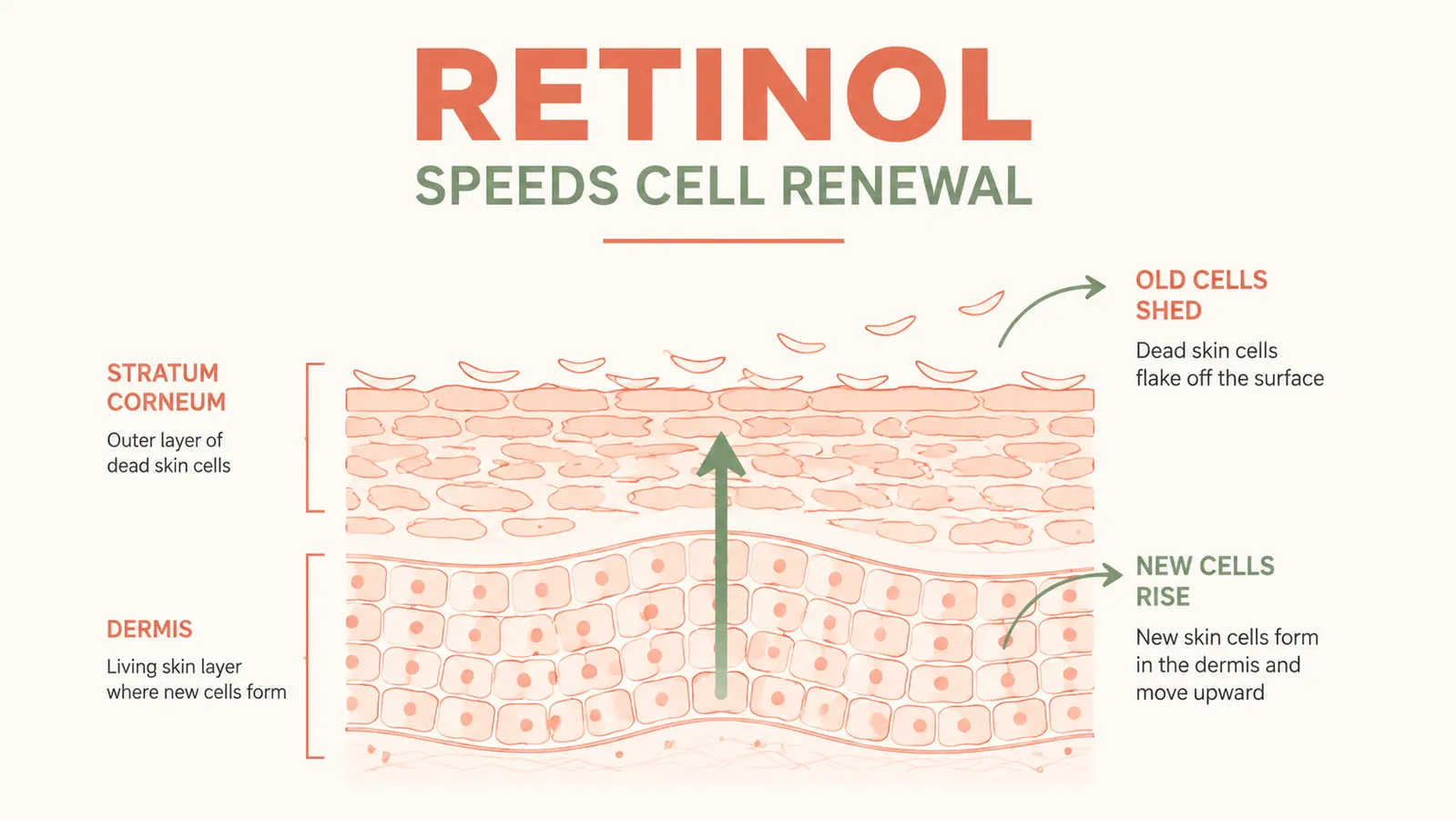 Illustration showing skin cell layers with arrows indicating accelerated cell turnover from retinol use
