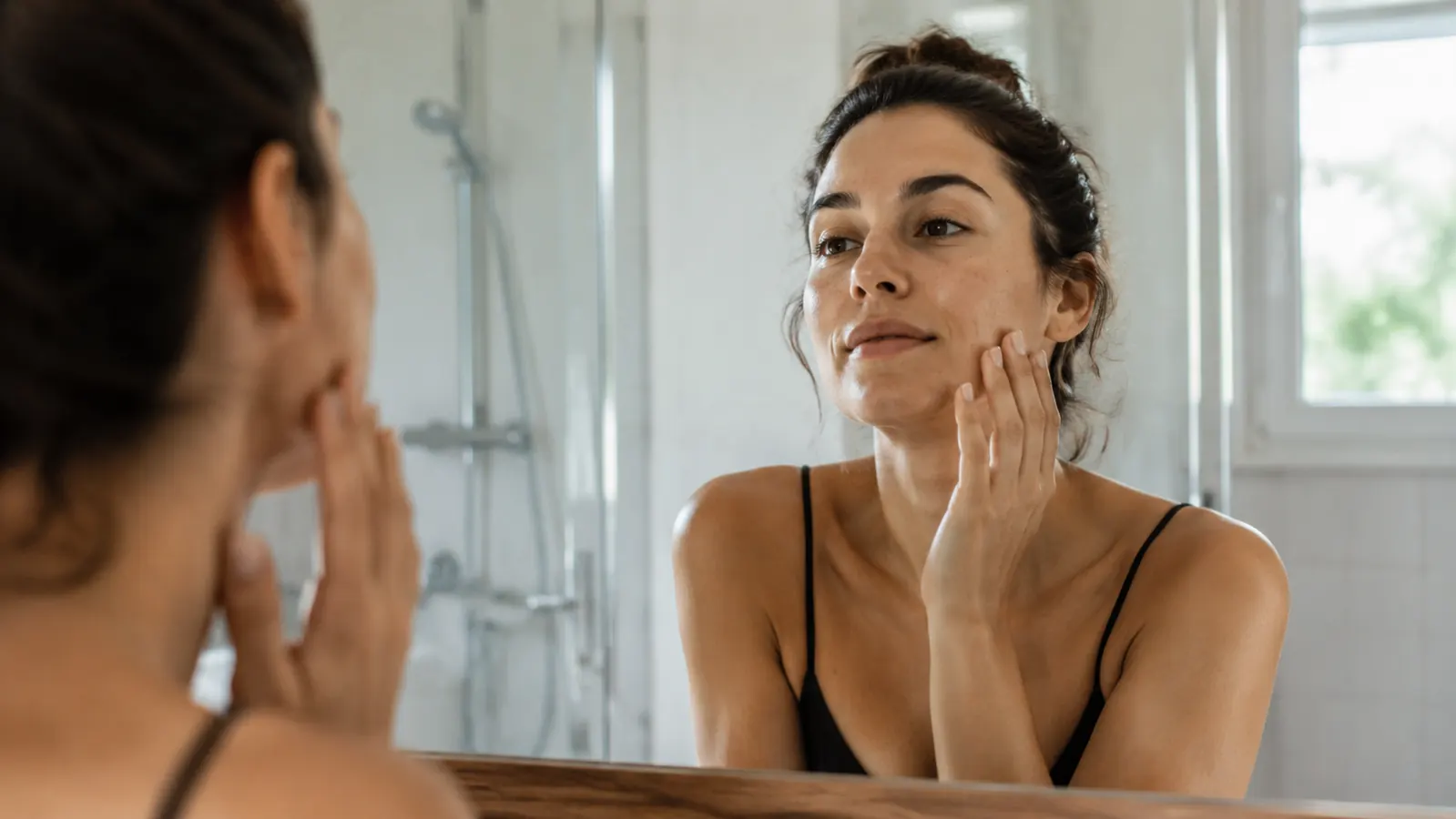 A woman in her 30s touching her cheek and looking into a bathroom mirror with clear, even-toned skin, natural daylight
