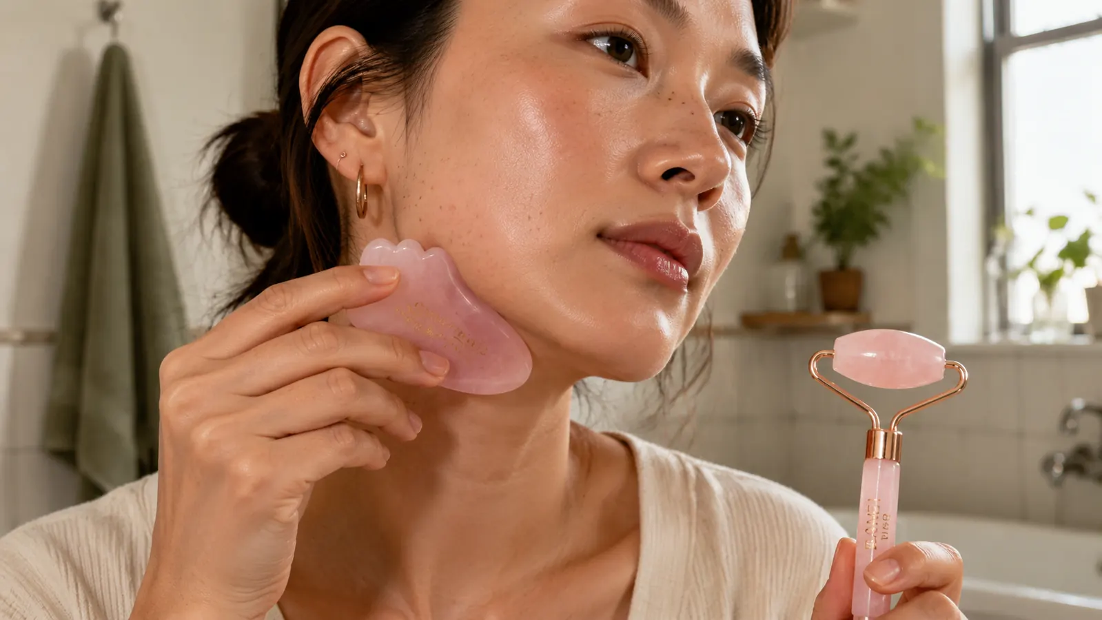 Close-up of a woman using the notched edge of a gua sha stone along the jawline with gentle upward strokes