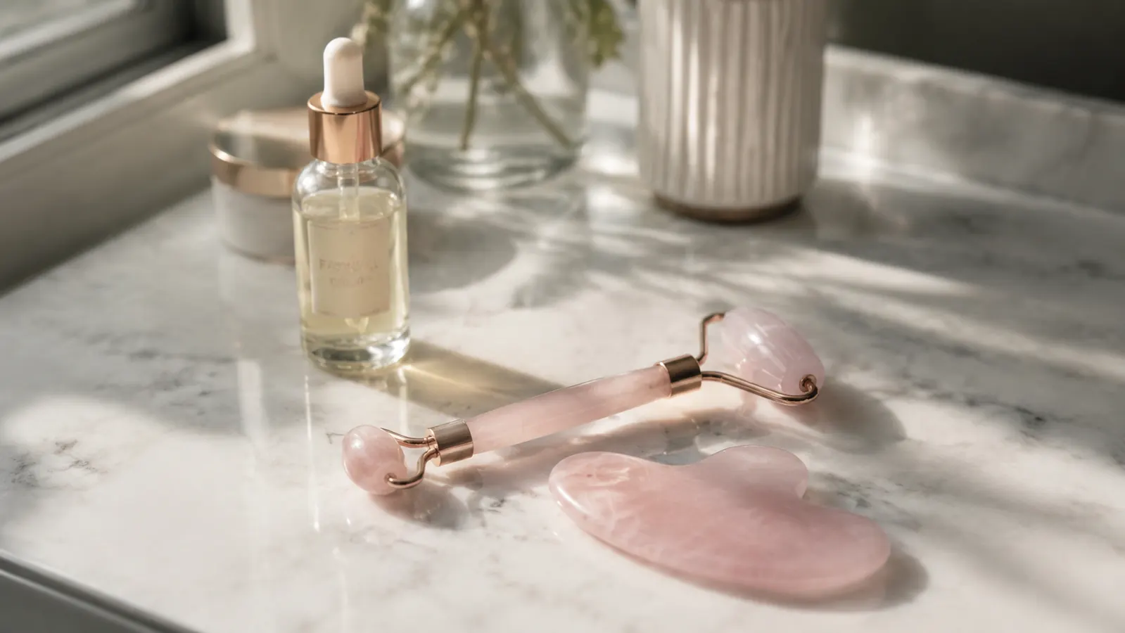 BAIMEI Rose Quartz Roller and Gua Sha Set: 90 Days of Morning Use