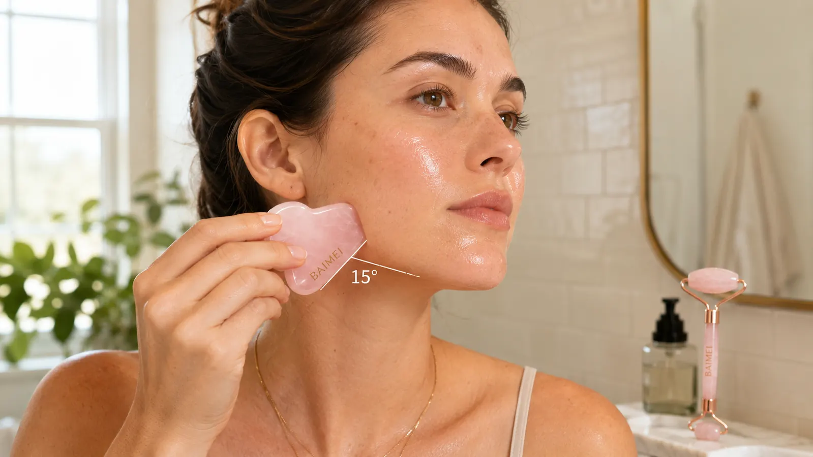 Woman holding the BAIMEI gua sha stone against her jawline at a 15-degree angle, face oiled, demonstrated on clean skin