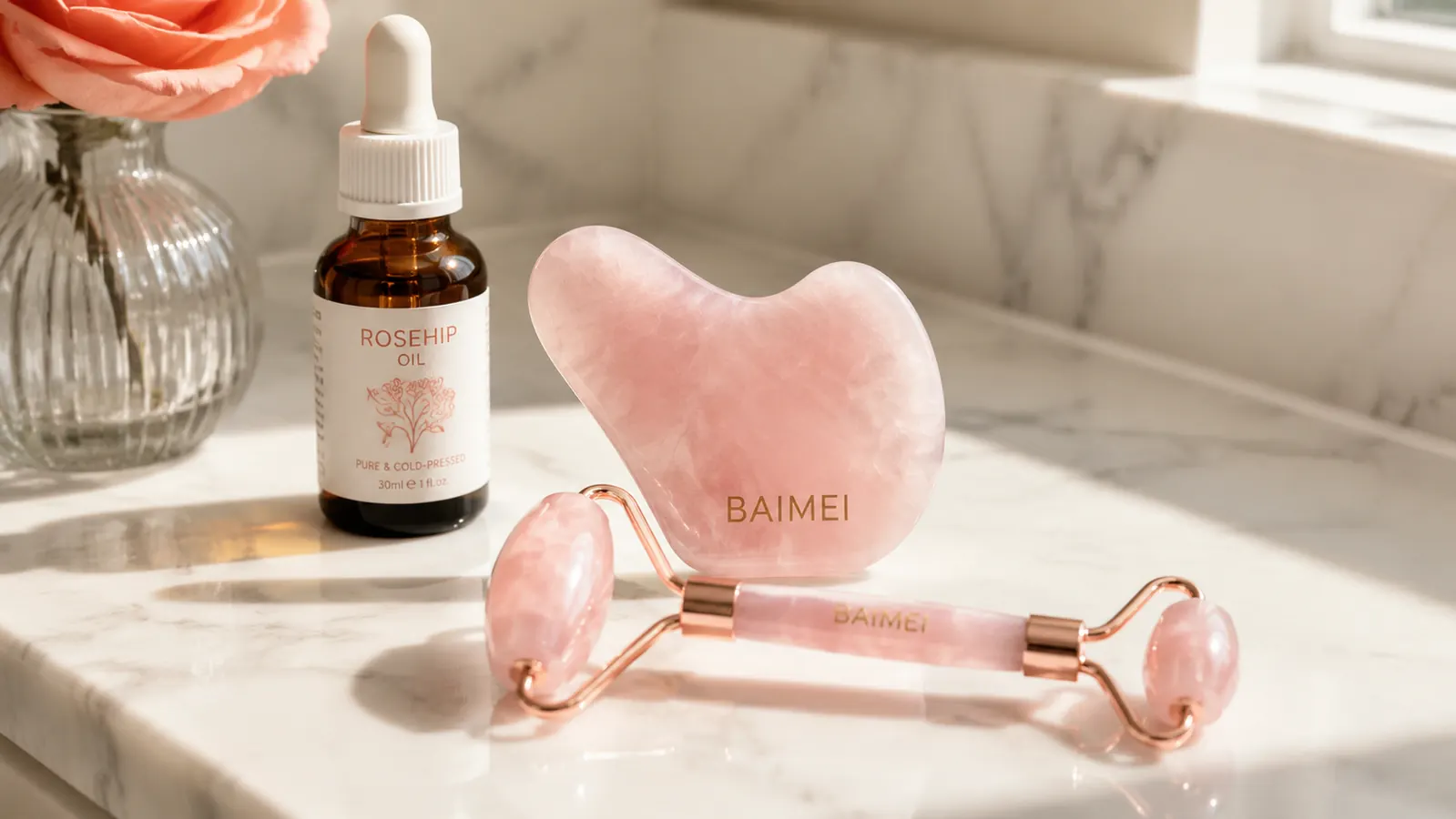BAIMEI rose quartz gua sha stone and roller set resting on a bathroom countertop beside a small amber bottle of rosehip oil