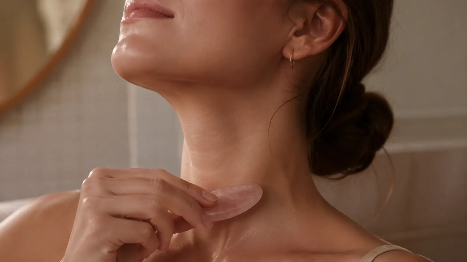 Close-up of a woman gliding a gua sha stone along her neck toward her ear in gentle upward strokes