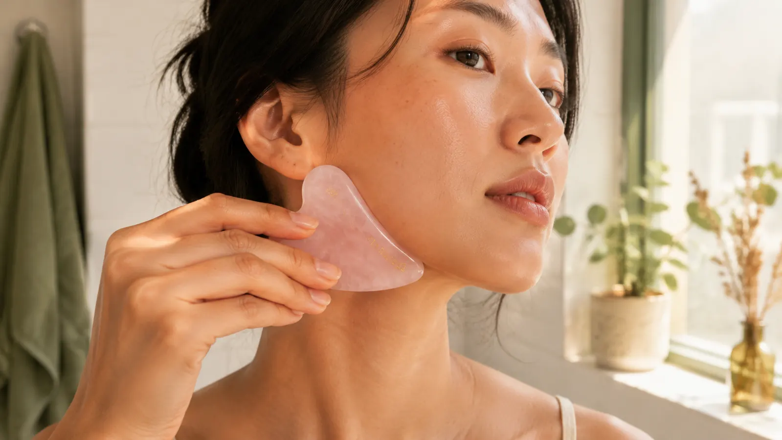 Hand holding a rose quartz gua sha stone against a woman's jawline during a facial massage