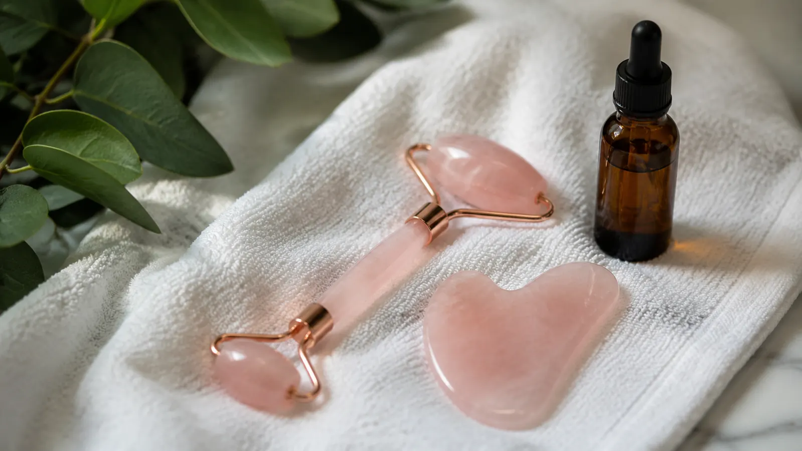 Rose quartz face roller and gua sha stone laid out on a folded white towel next to a dropper bottle of face oil