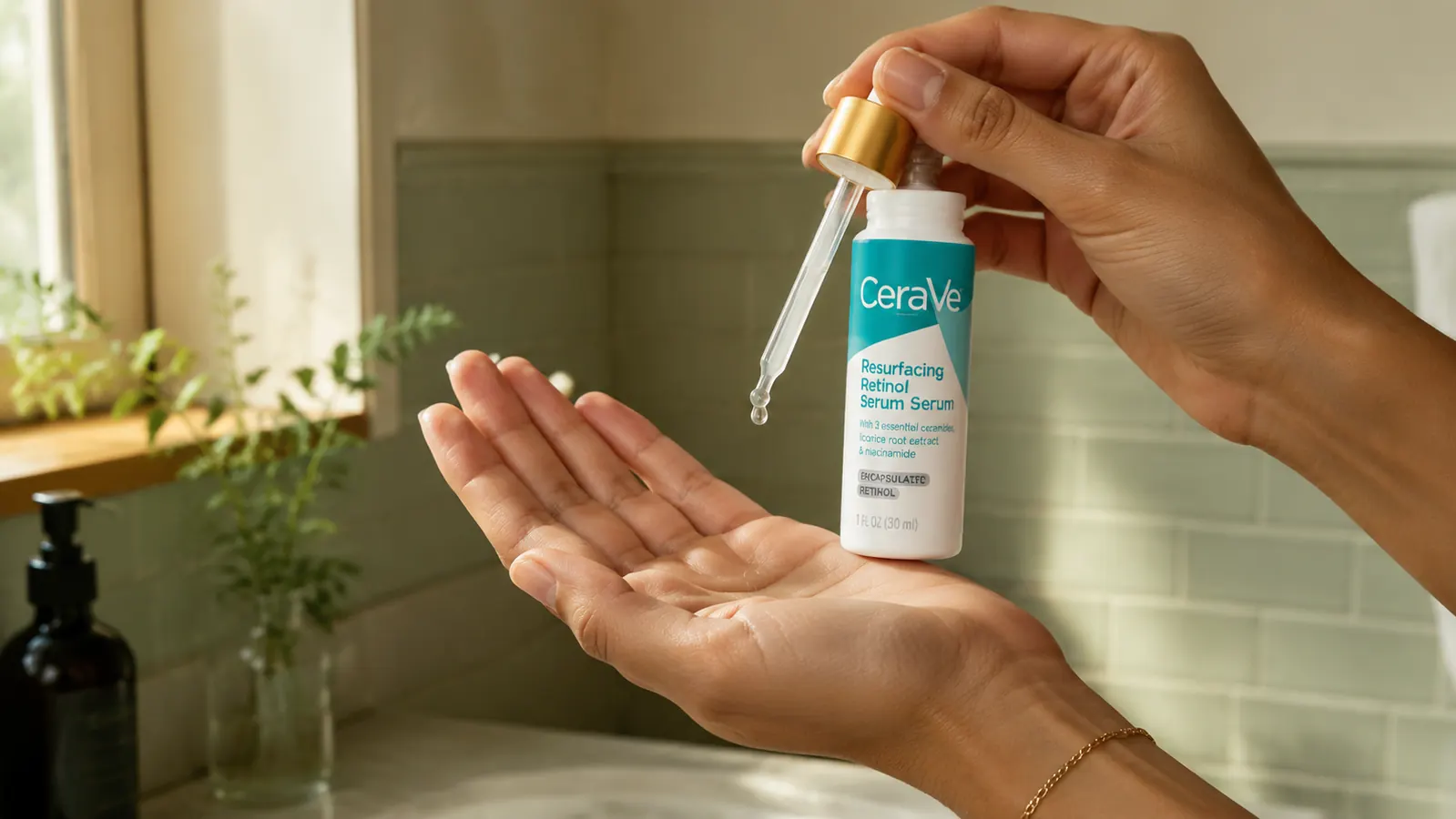 Hand holding CeraVe Resurfacing Retinol Serum dropper bottle over a palm, showing a small clear drop