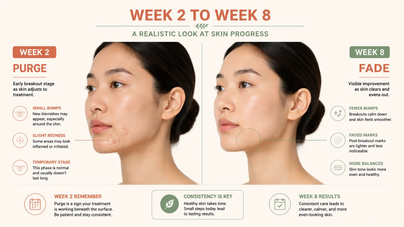 Split-panel infographic comparing purging at week 2 versus post-acne mark fading at week 8