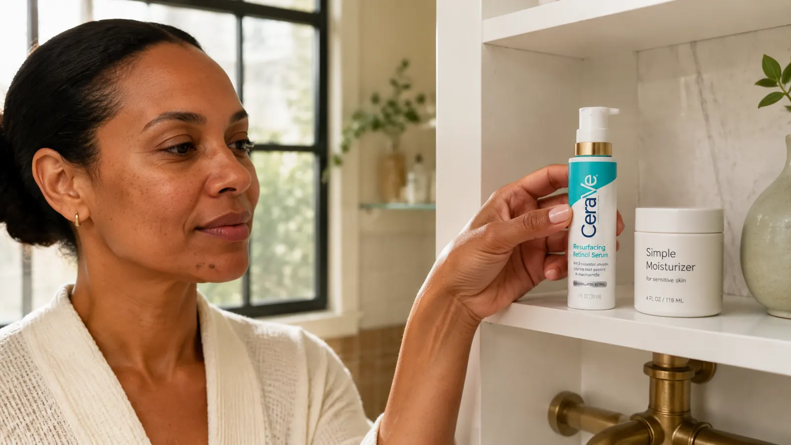 CeraVe Resurfacing Retinol Serum bottle held in a woman's hand against a tiled bathroom shelf