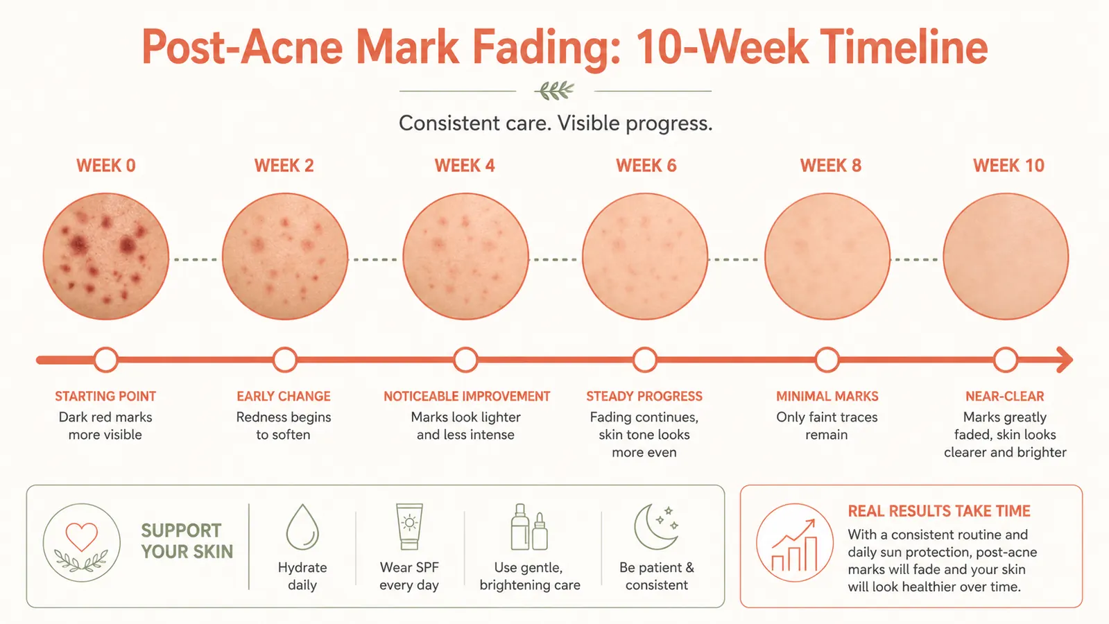 Split-tone chart showing skin tone progress over 10 weeks with fading post-acne mark timeline