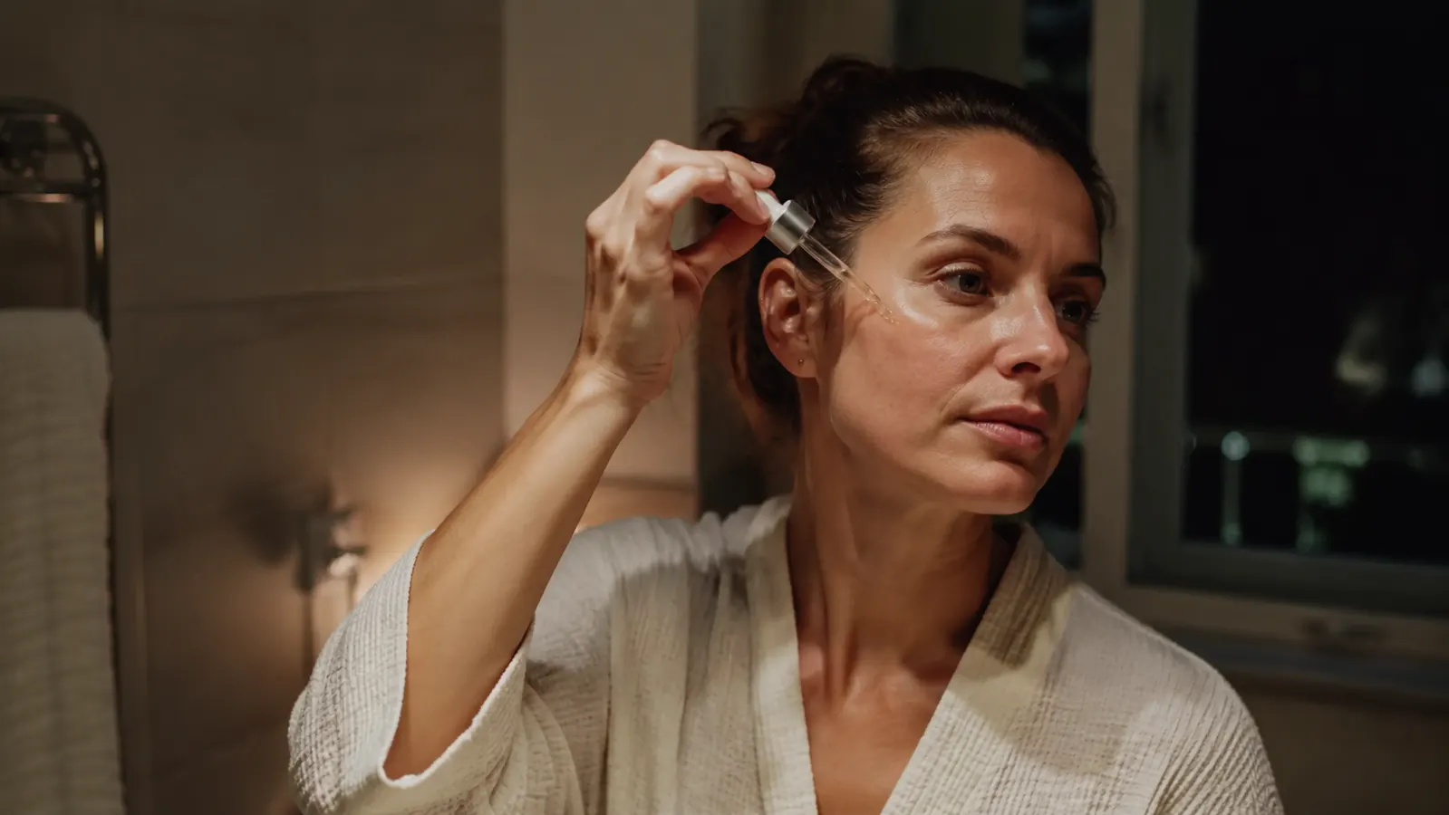 Woman applying serum to her cheek with fingertips at a bathroom vanity, evening lighting