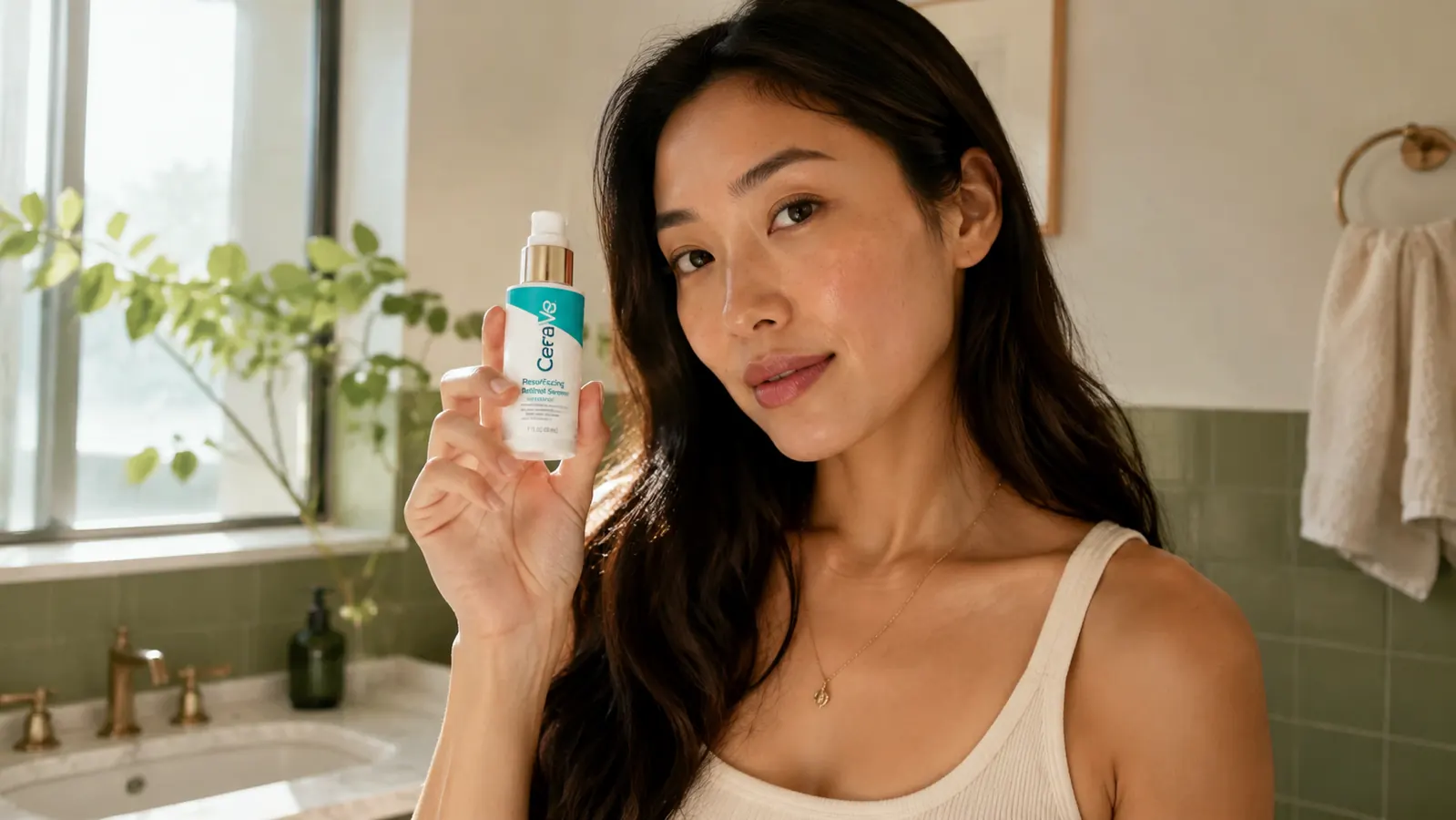 Close-up of the CeraVe Resurfacing Retinol Serum bottle being held in a woman's hand, label visible
