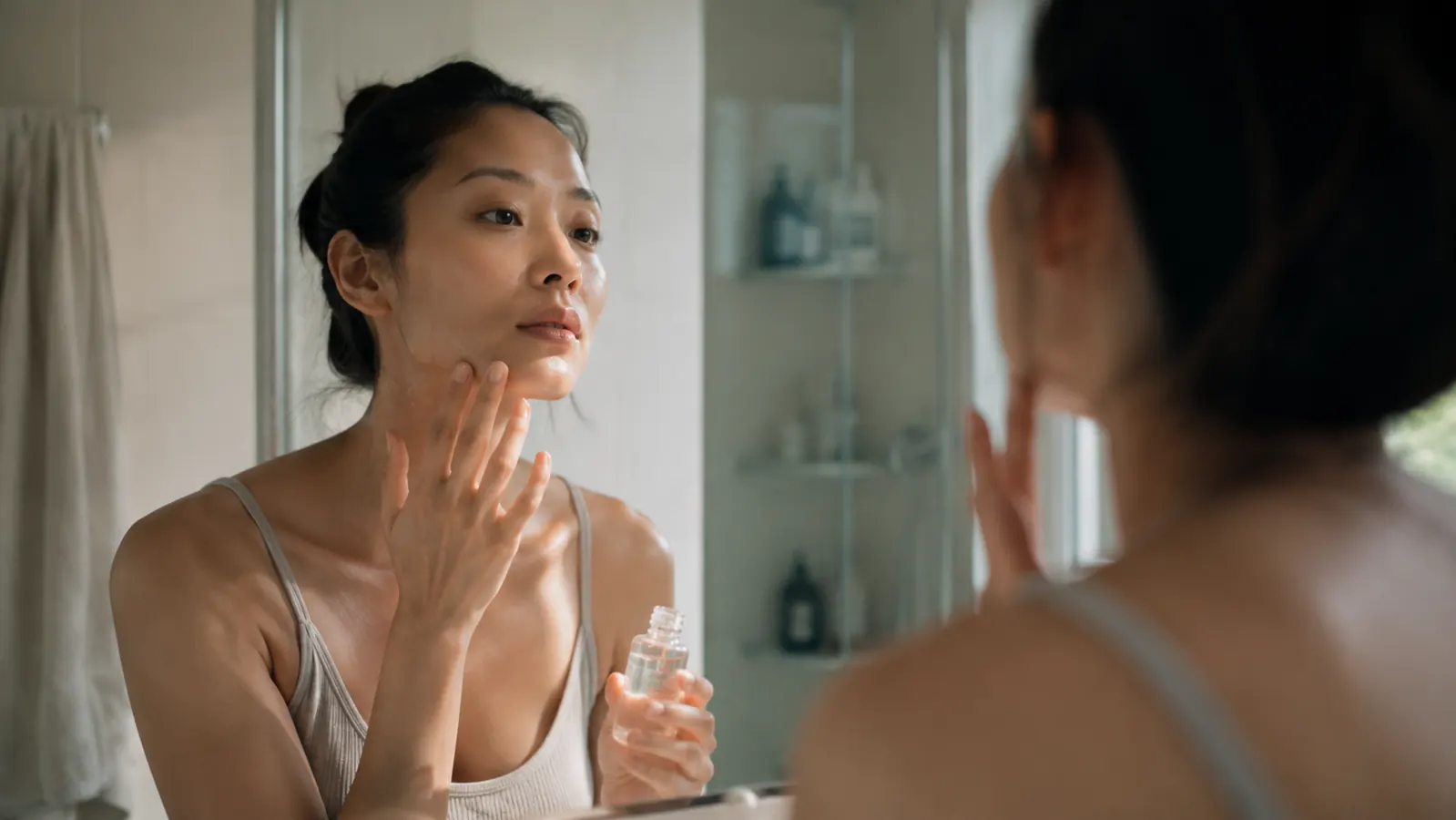 Woman in her 30s applying a serum to her cheek in a bathroom mirror, focused expression