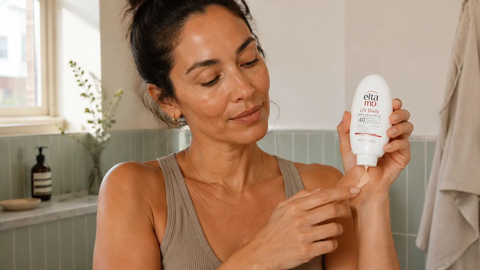 Close-up of sunscreen being smoothed onto forearm skin showing sheer, no-white-cast finish