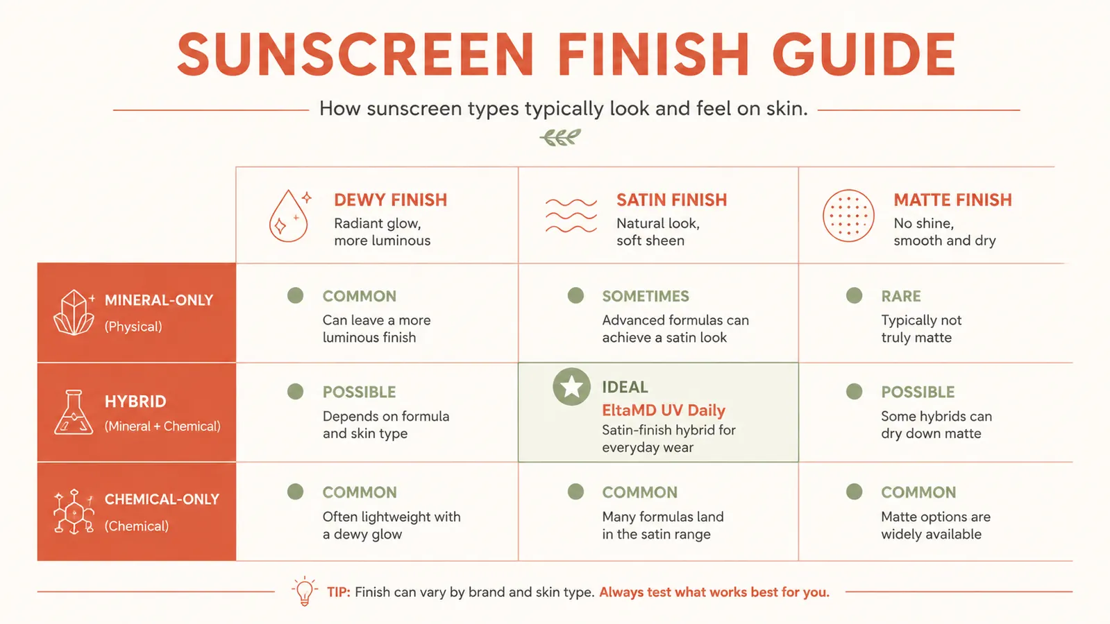 Skin finish comparison chart showing dewy, matte, and satin results across different sunscreen types