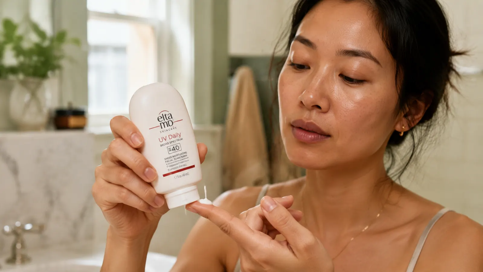 Hand squeezing EltaMD UV Daily sunscreen onto a fingertip, showing the lightweight lotion texture