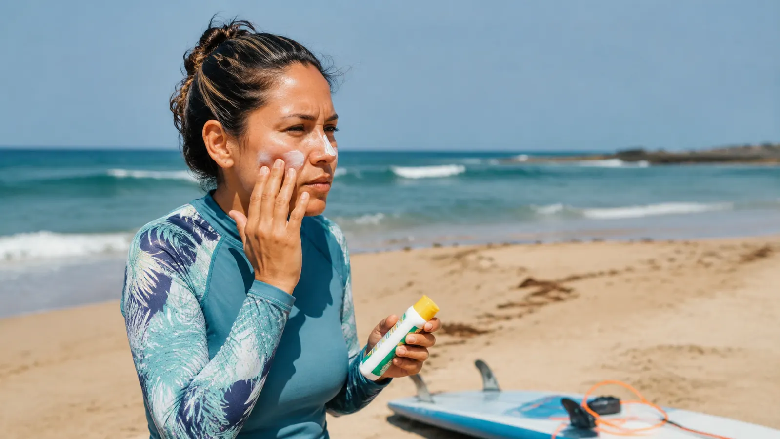 Woman applying sunscreen at a beach, ocean in background, illustrating the limitation of SPF 40 for extended water exposure