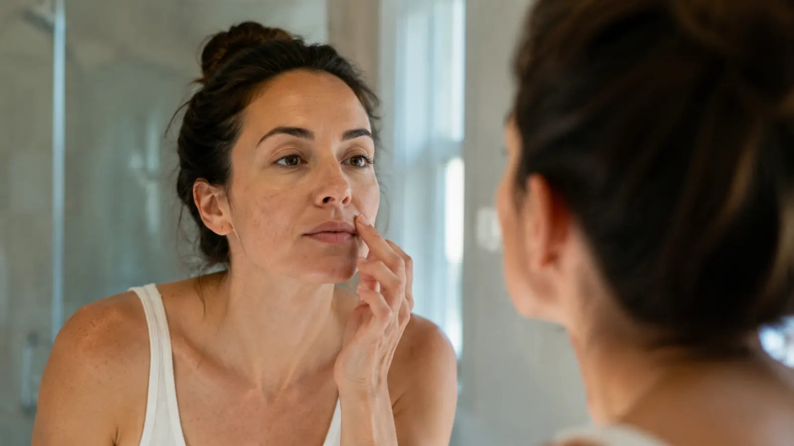 Close-up of a woman examining her skin in a bathroom mirror, natural light, concerned expression