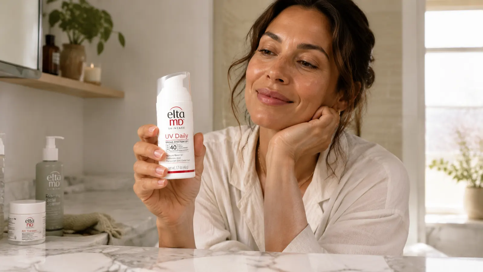Hand holding a white EltaMD UV Daily SPF 40 pump bottle against a clean marble bathroom counter