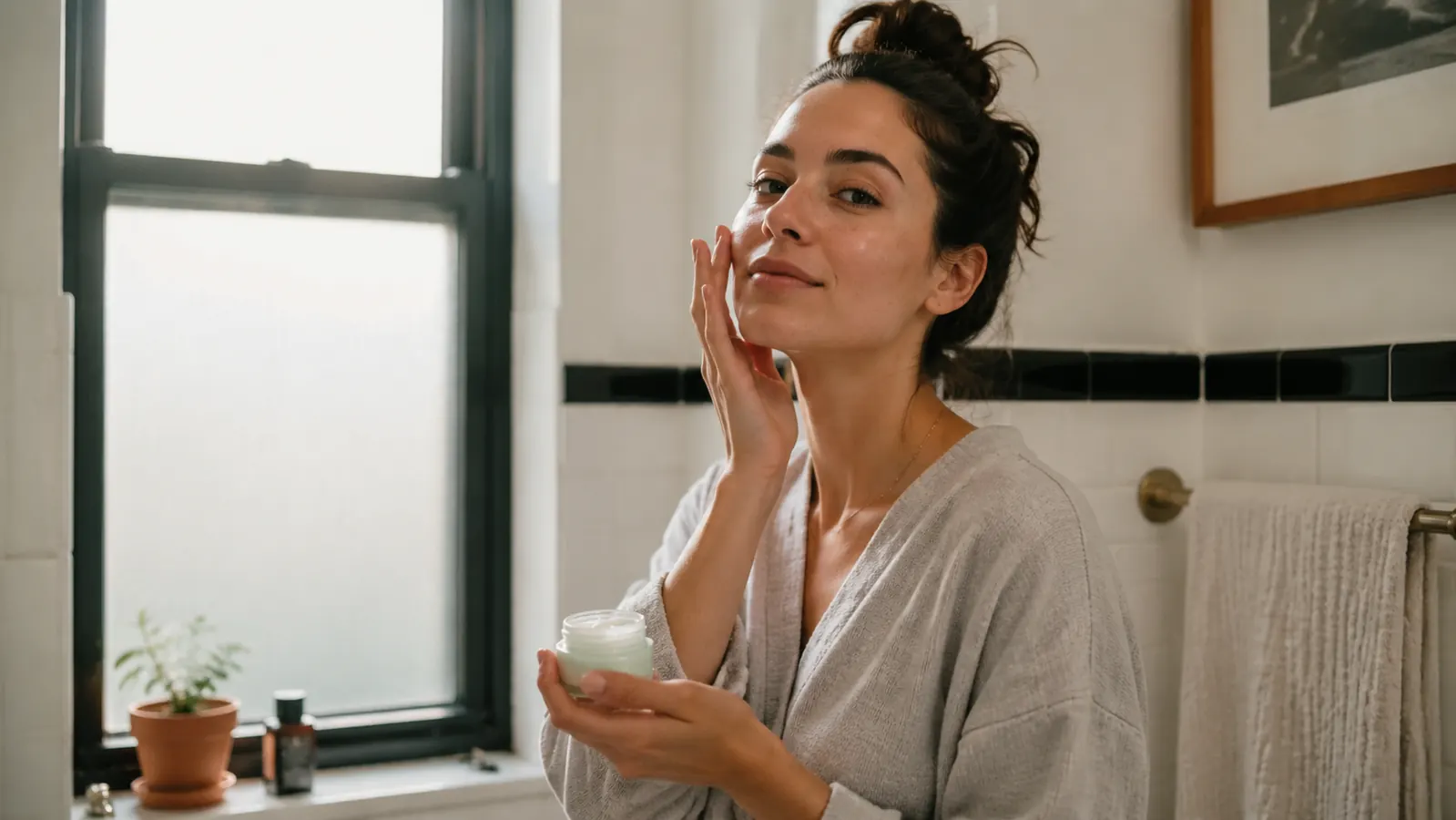 Woman applying face sunscreen in front of a bathroom mirror, smiling slightly, morning routine
