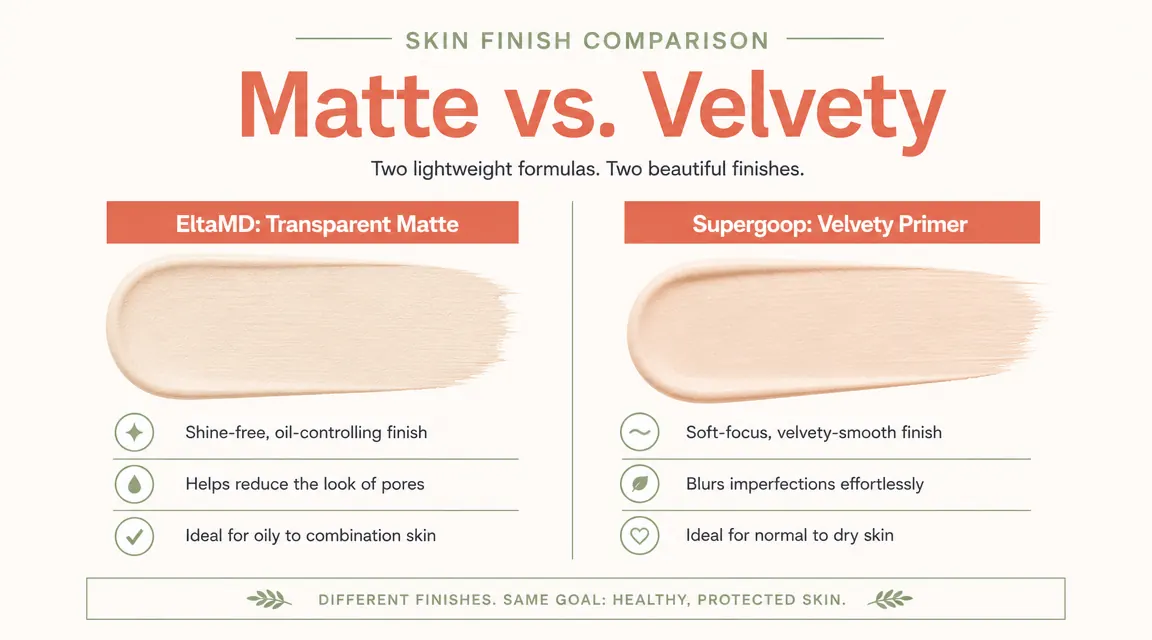 Side-by-side skin finish comparison chart showing matte versus velvety primer-like finishes with labeled swatches
