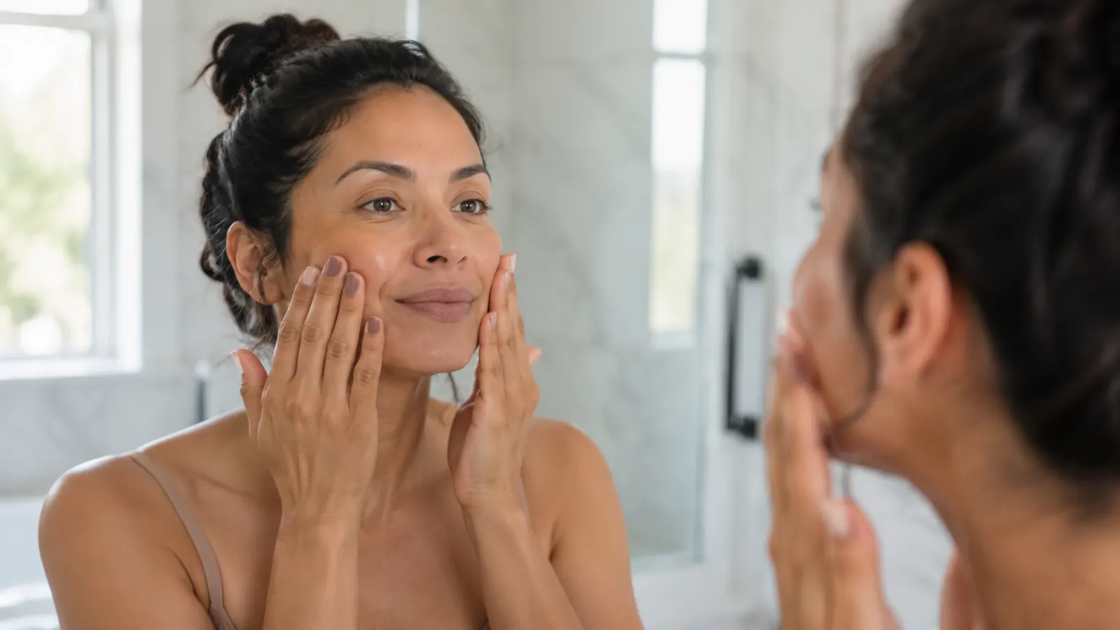 Woman pressing SPF into her cheeks in front of a mirror, showing a clean no-cast finish on medium skin tone