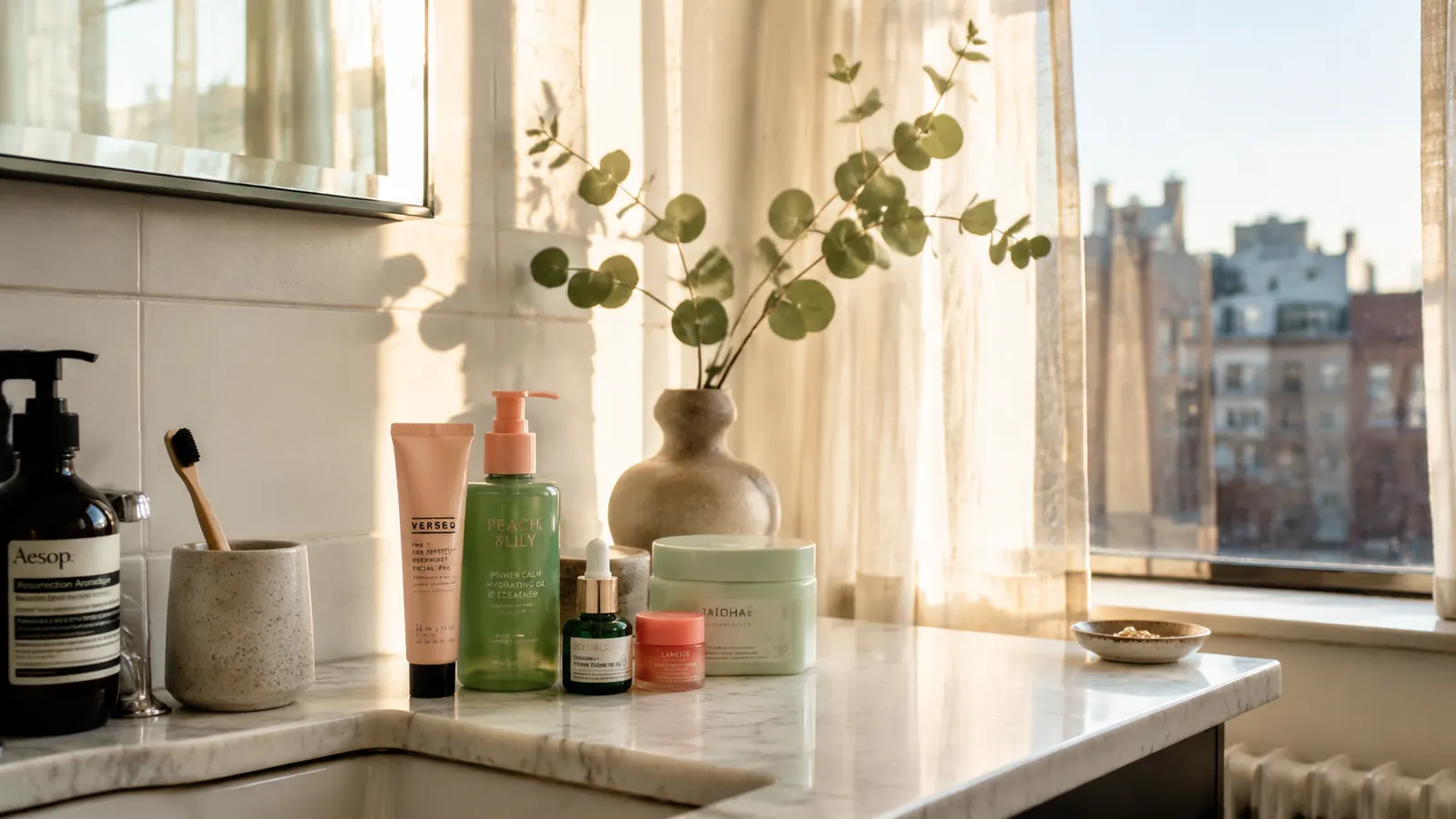 A morning skincare moment at a sunlit bathroom counter, real-skin texture, warm cream and coral tones