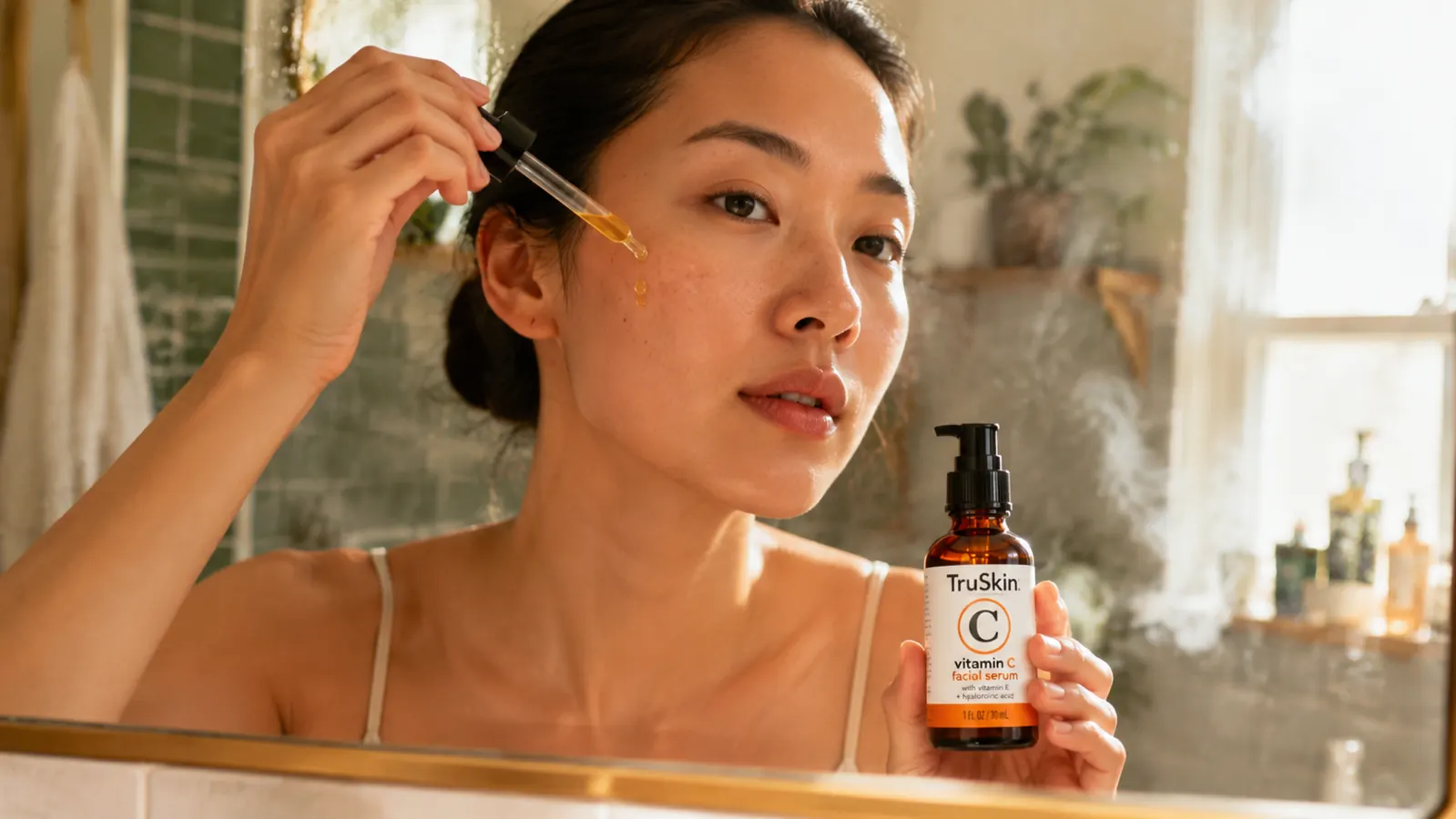Hand pressing dropper of vitamin C serum onto clean skin in bathroom mirror reflection