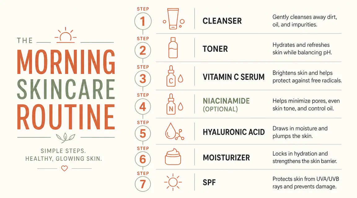 Chart showing correct layering order for morning skincare routine from cleanser to SPF