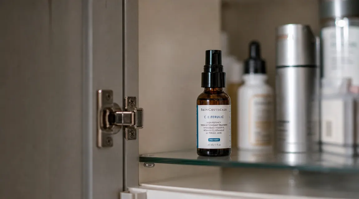 Amber glass vitamin C serum bottle stored inside bathroom cabinet away from direct sunlight