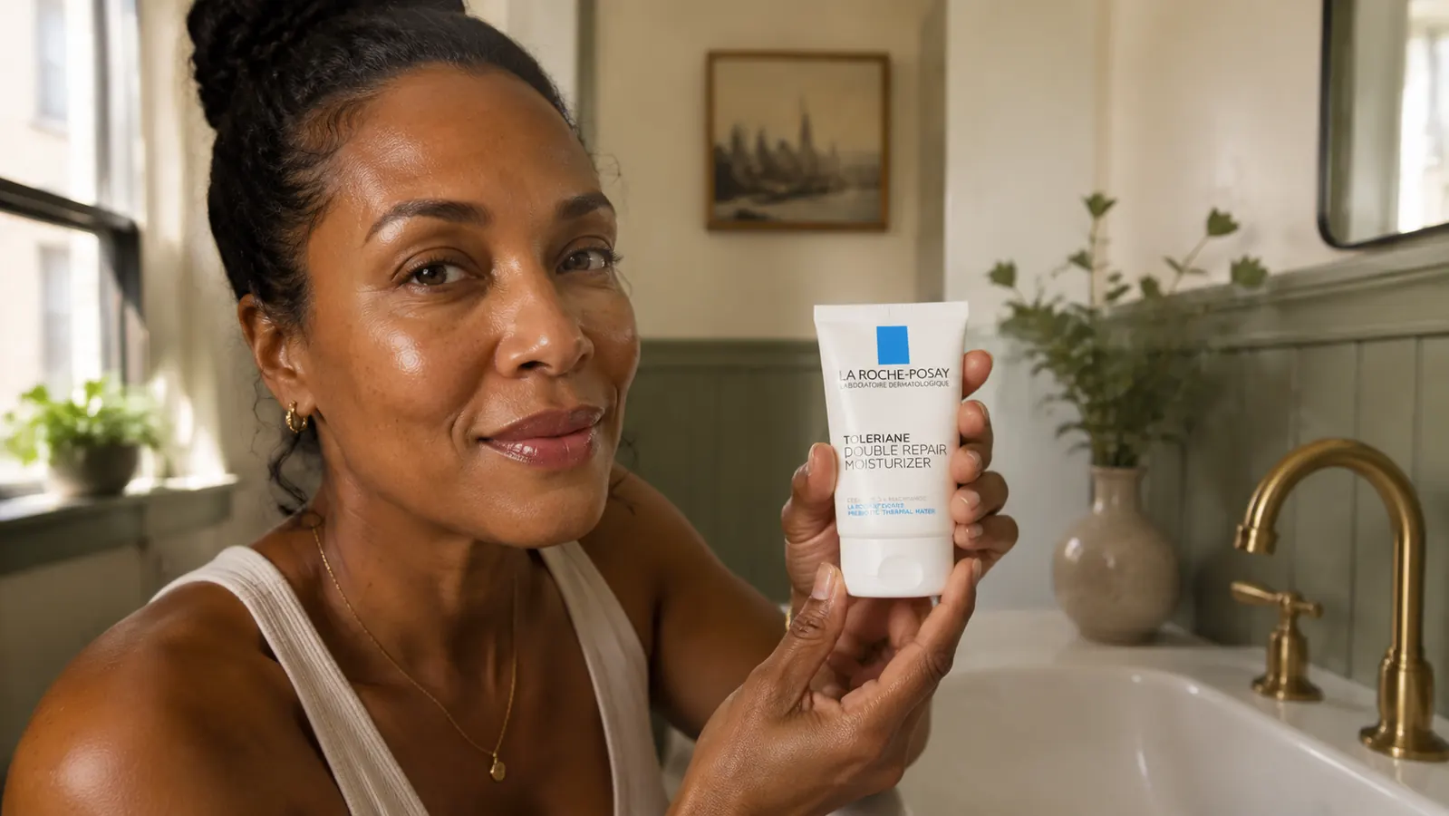 La Roche-Posay Toleriane Double Repair moisturizer bottle held in a woman's palm next to a bathroom sink