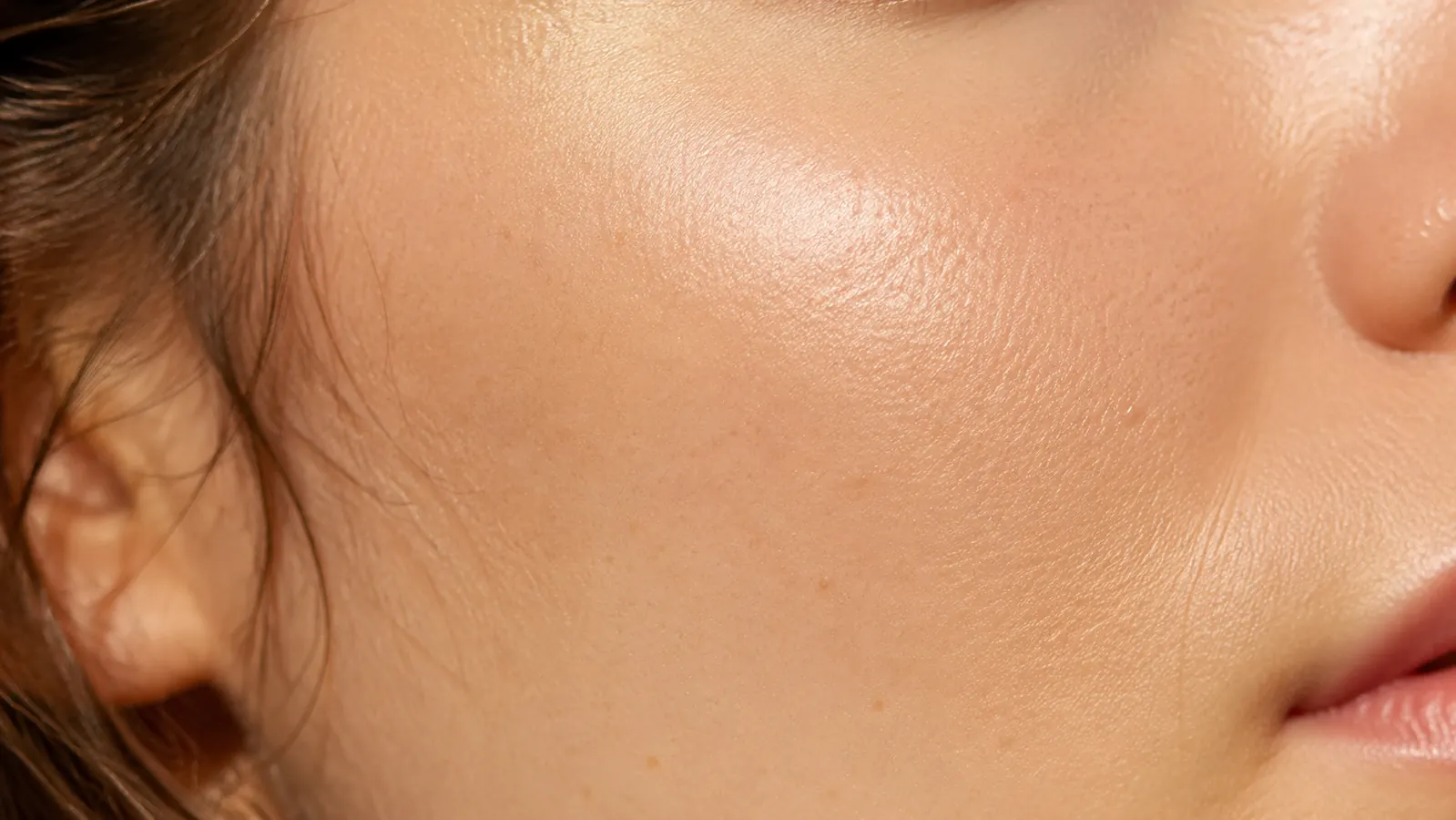 Close-up of healthy, hydrated skin texture with a dewy finish under natural light