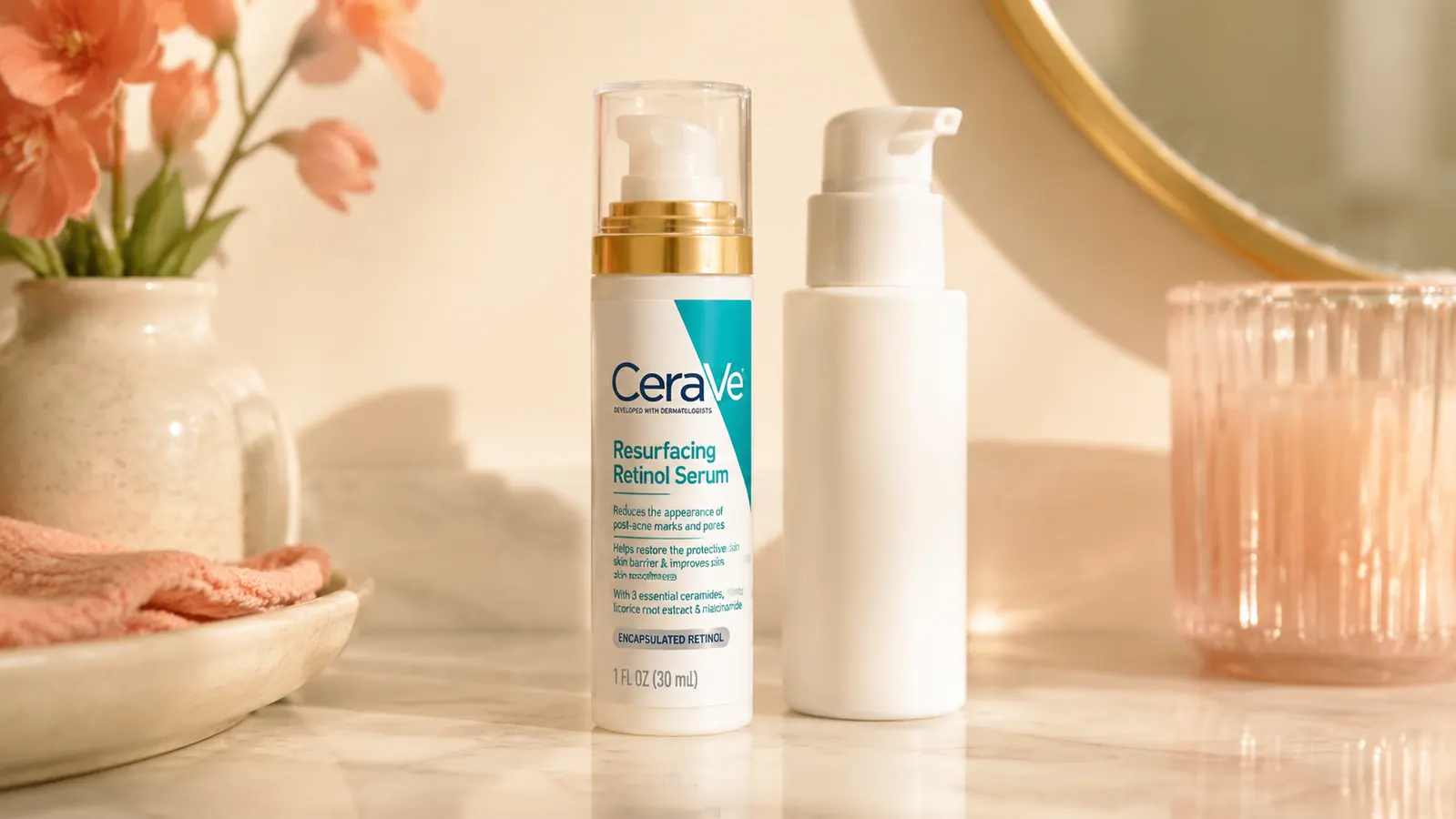 CeraVe Resurfacing Retinol Serum bottle next to a moisturizer on a white bathroom shelf
