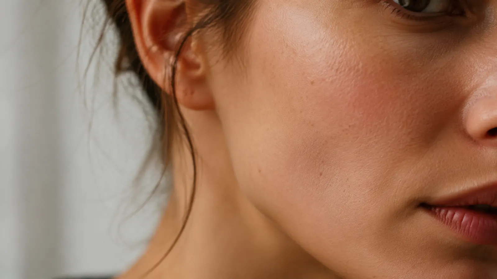 Close-up of a woman's smooth jawline and cheek in natural daylight, healthy skin texture