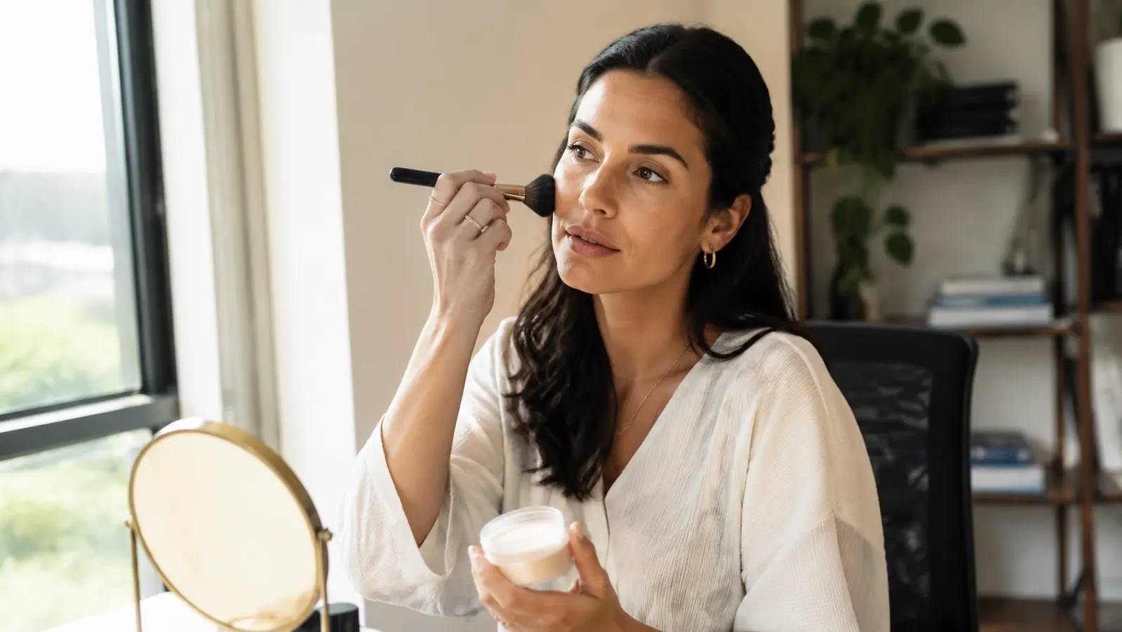 Woman touching up sunscreen midday using a powder brush, sitting at a desk near a window