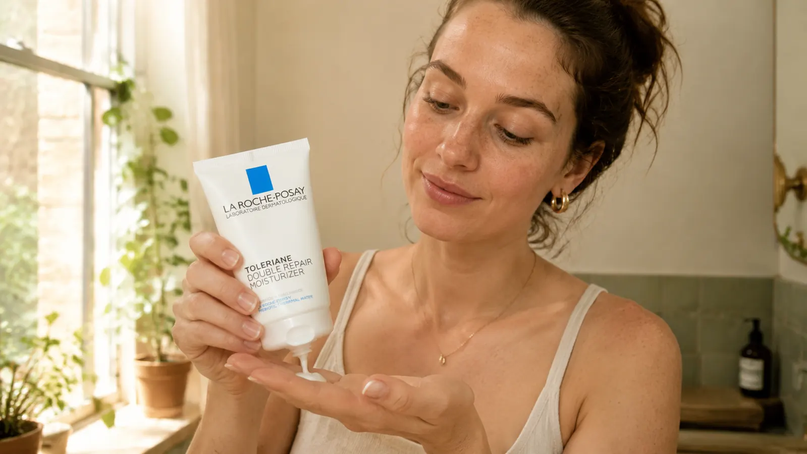 Close-up of moisturizer being dispensed from pump into palm, showing milky white lotion texture