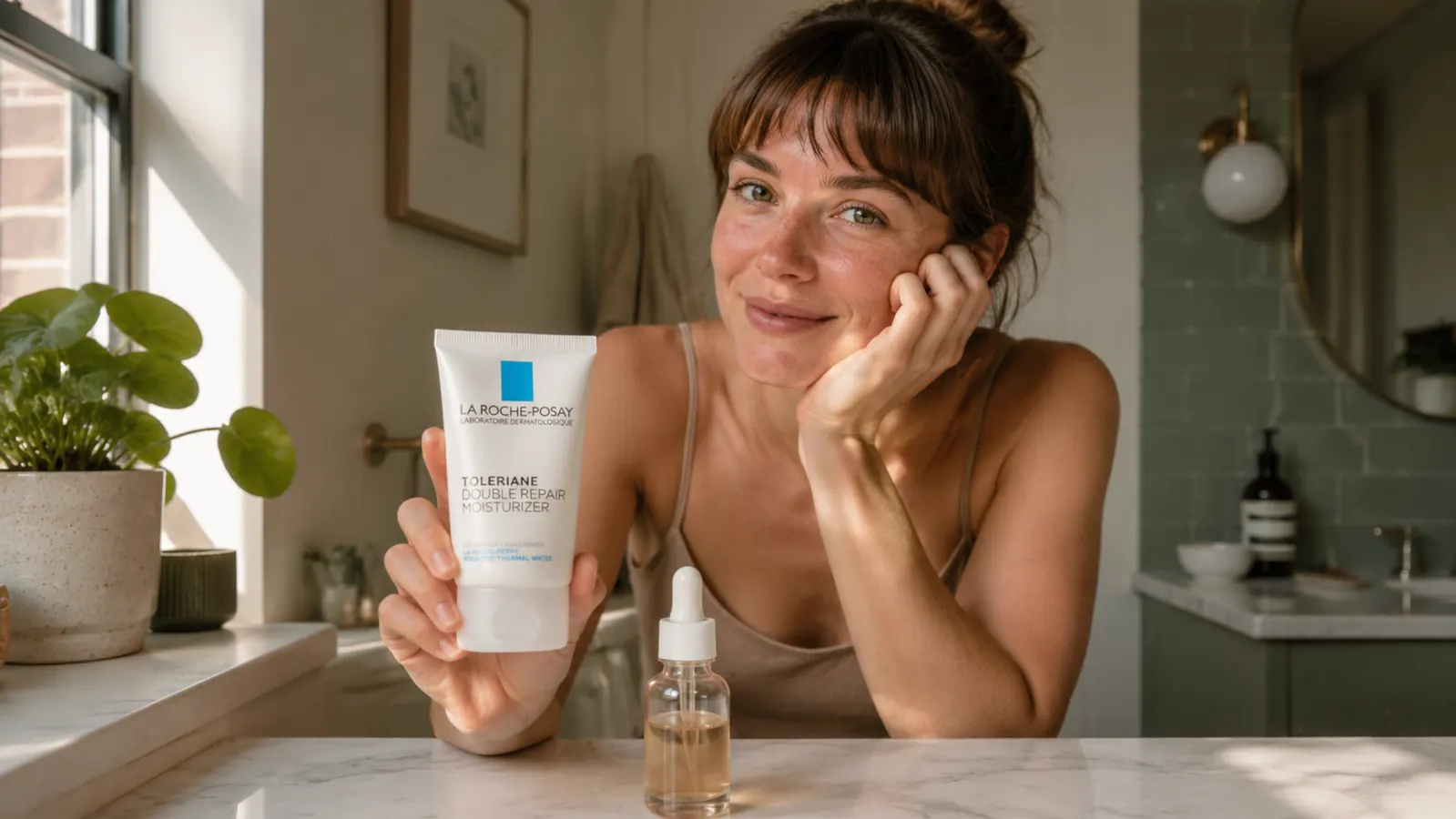 La Roche-Posay Toleriane Double Repair Moisturizer tube held in a hand over a marble countertop next to a serum bottle
