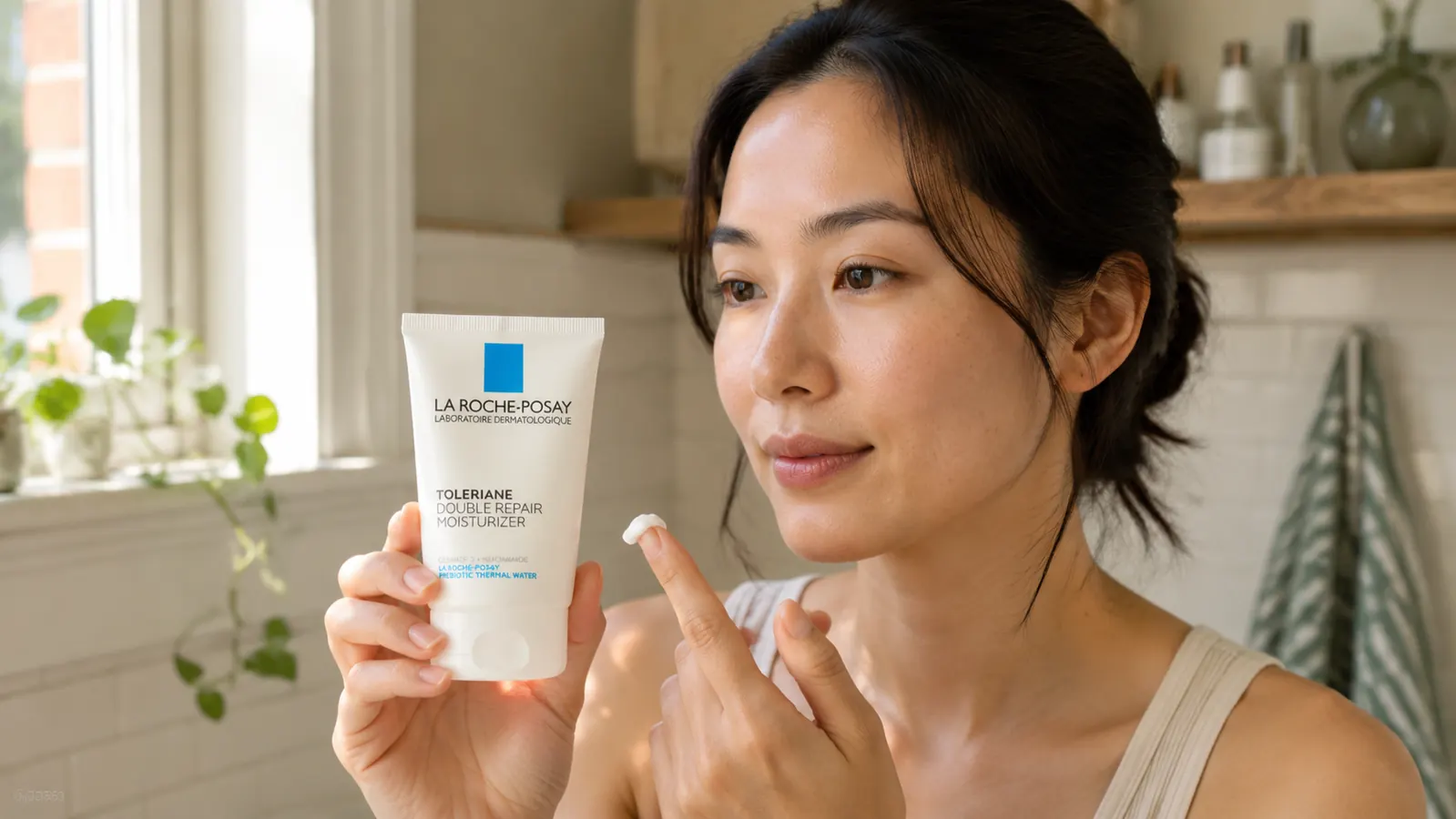 La Roche-Posay Toleriane Double Repair Moisturizer tube on a white bathroom shelf next to a glass of water