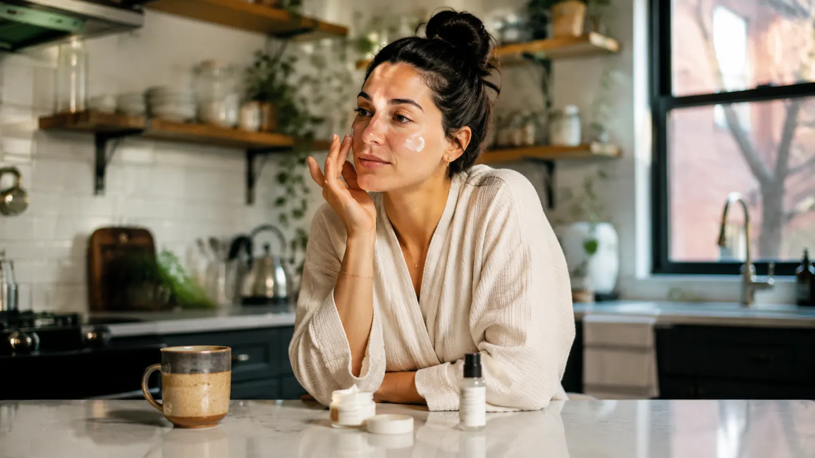 Woman applying moisturizer in a Brooklyn kitchen, looking relaxed, morning coffee visible in background