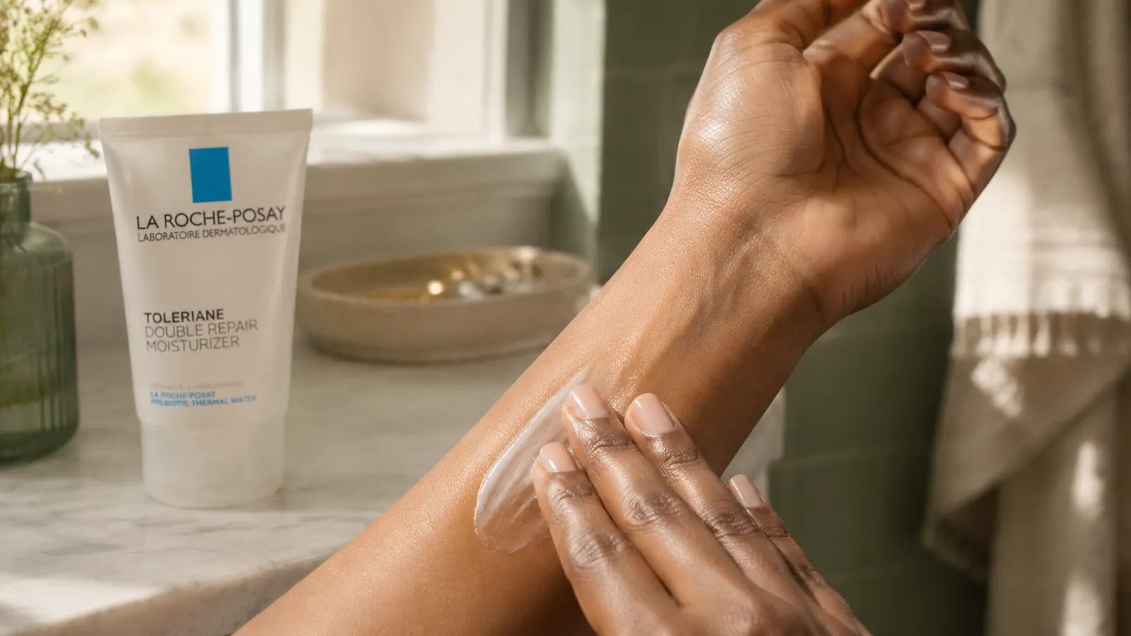 Close-up of a woman applying a small amount of lightweight cream to the back of her forearm to show texture and fast absorption