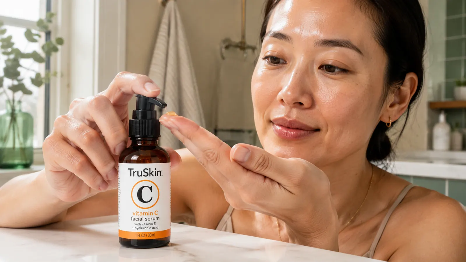 Hand pressing one pump of TruSkin Vitamin C Serum onto fingertips, showing the slightly thick amber-tinted texture