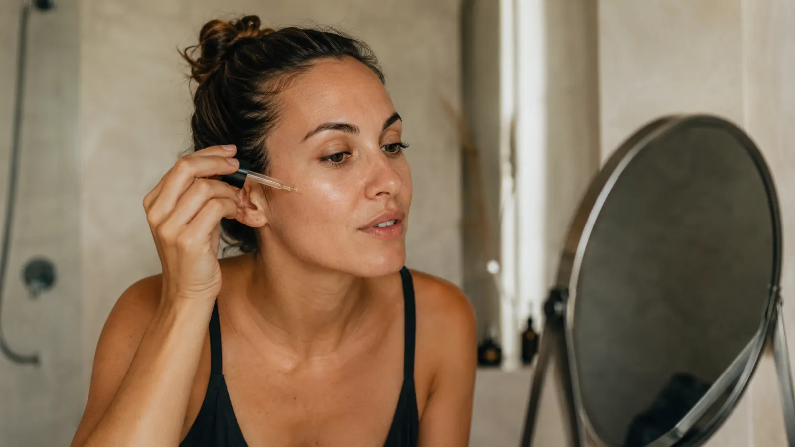 Woman applying a small amount of serum to her cheek in front of a mirror, looking relaxed and evaluating the texture on her skin