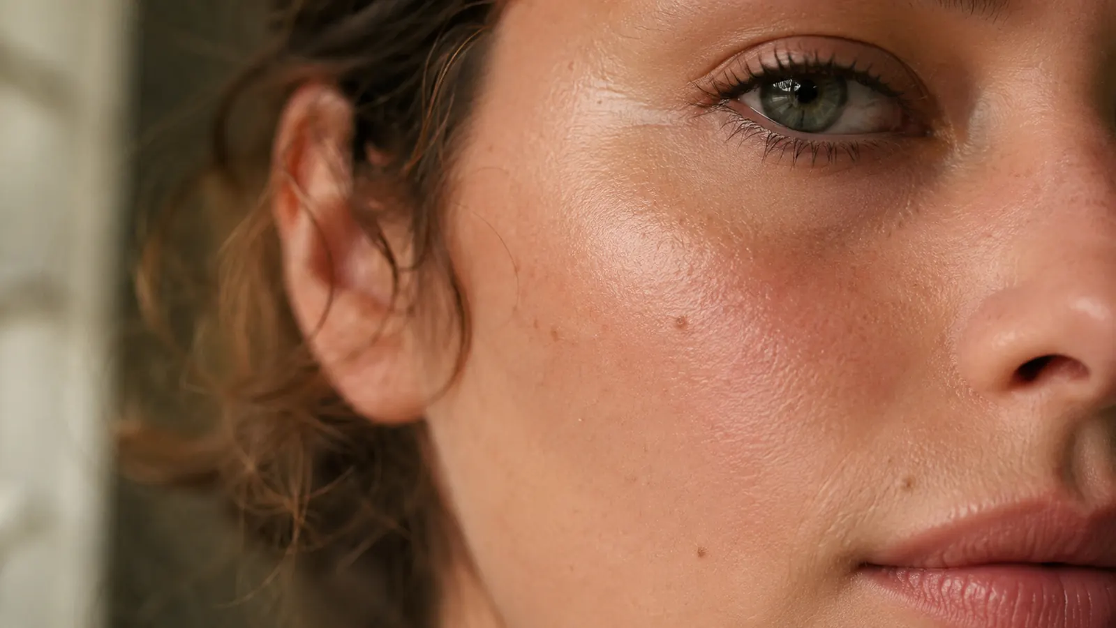 Close-up of a woman's glowing, even-toned cheek in natural light, skin looking bright and rested