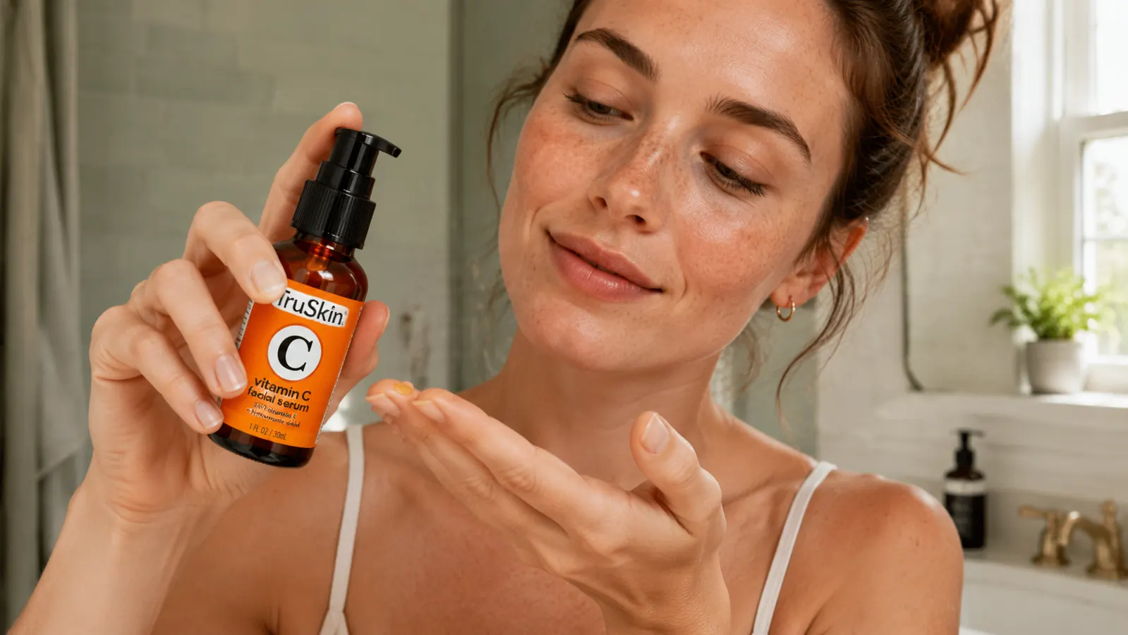 Hand holding TruSkin Vitamin C Serum dropper bottle with a few drops of golden serum on fingertips