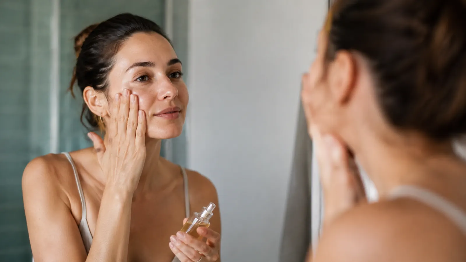 Woman applying a few drops of serum to her cheek in a bathroom mirror with natural morning light